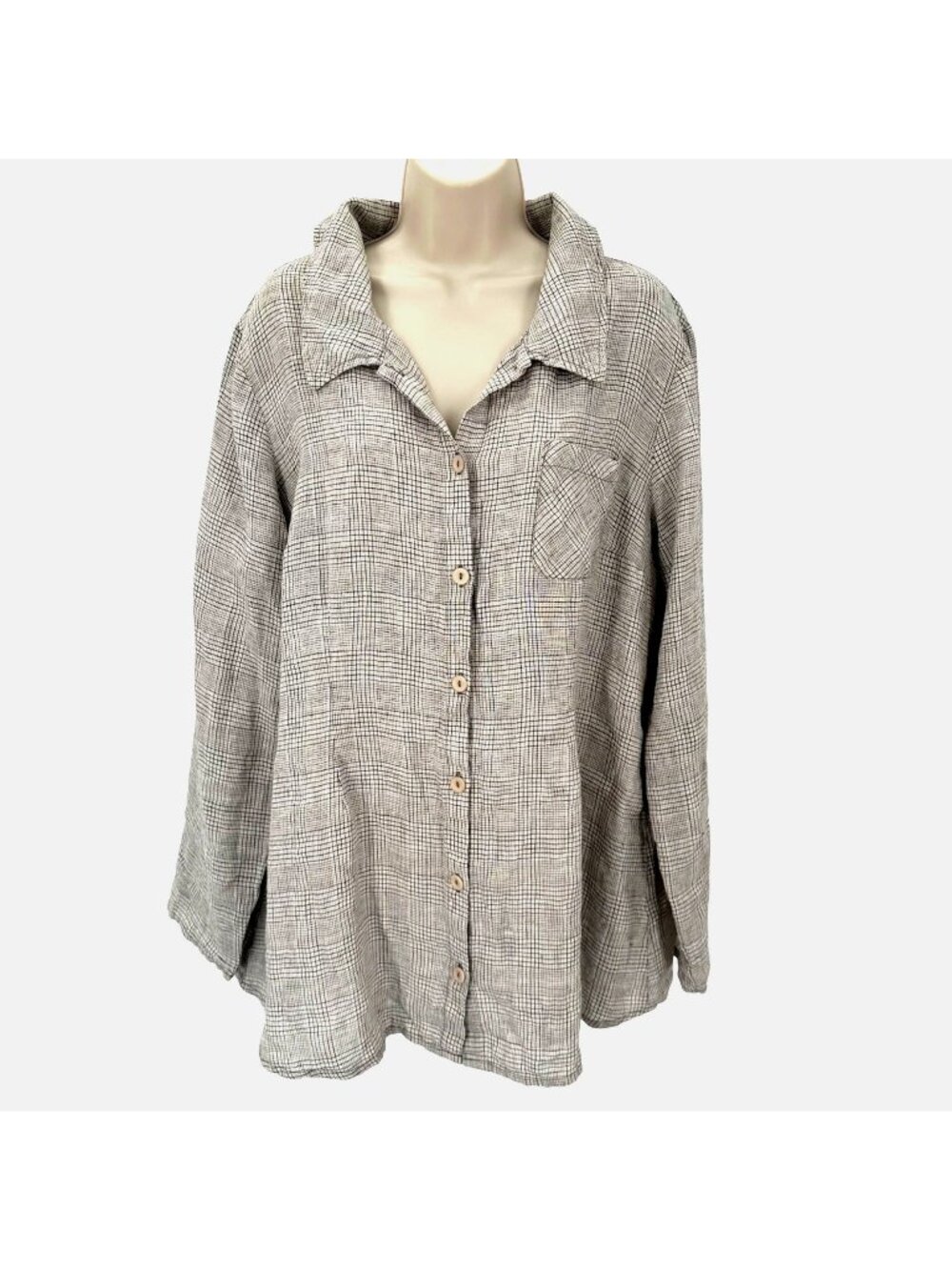 NWOT Flax Oversized Gray Brown Long Sleeve Plaid 100% Linen Button Shirt M